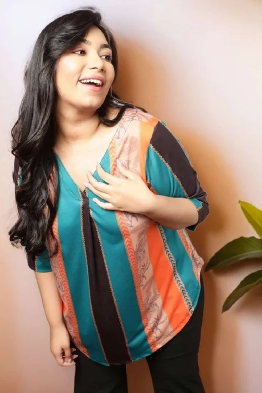 Trendy Street Style Clothing Plus Size Ethnic Striped Centre Pleat Top