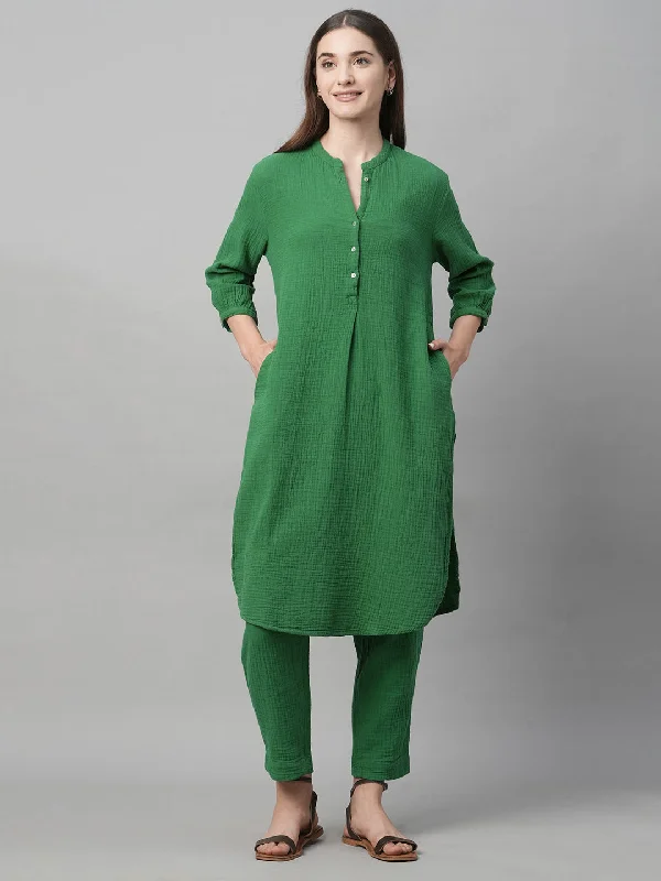 Elegant Styles Women's Green Cotton Regular Fit Kurta