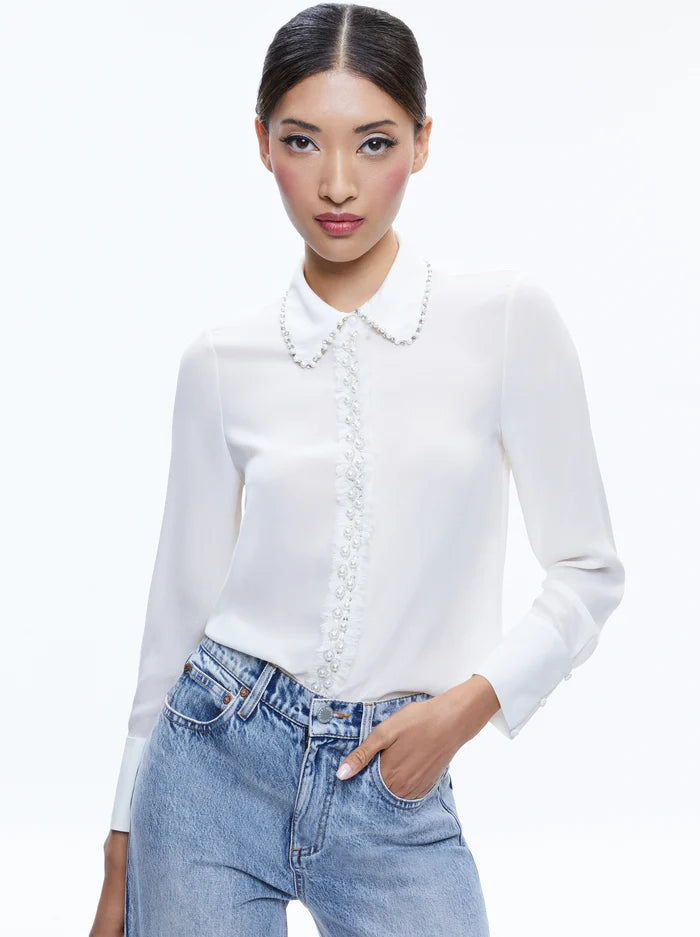 End of Season Sale Willa Embellished Placket Top - Off White