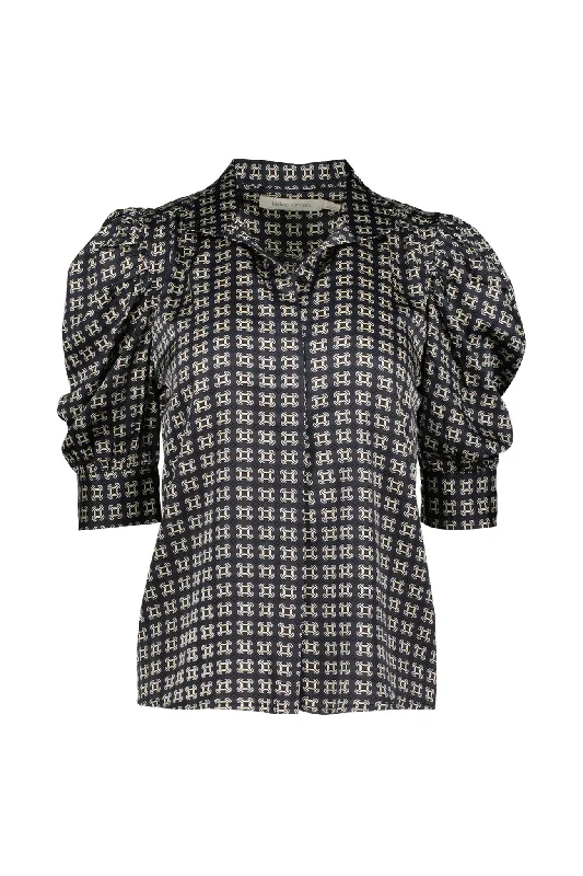 Women Apparel Cate Ruched Sleeve Top - Navy Heritage Print