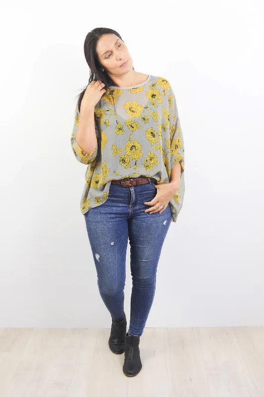 Day To Night Styles Grey & Mustard Floral Draped Top - Floral Collection