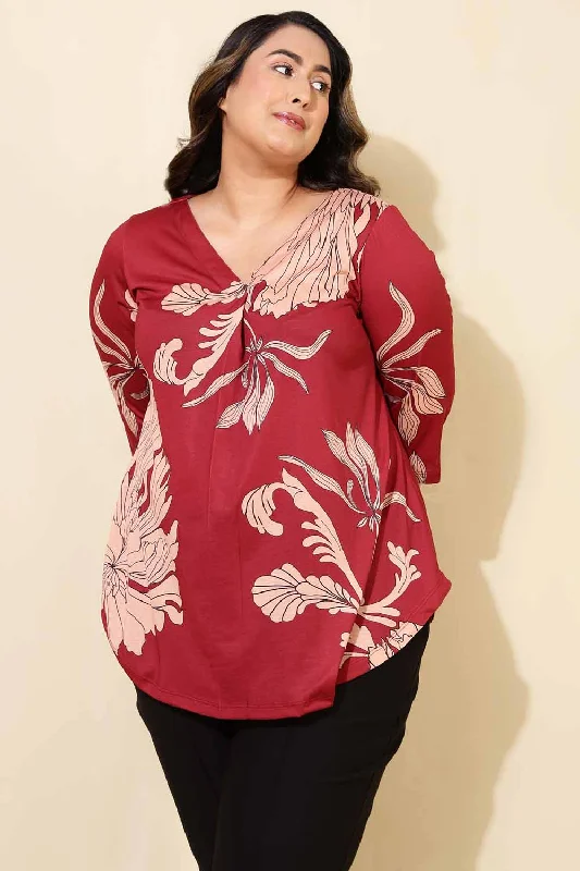 Stylish Savings Plus Size Red White Tropical Print Centre Pleat Top