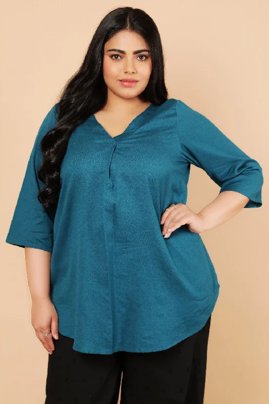 Special Occasion Wear Teal Cotton Linen Centre Pleat Top