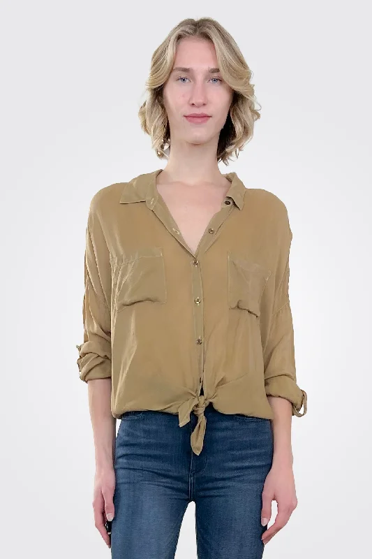 Urban Femme Streetwear Cargo Pocket Tie Front Top - Clay