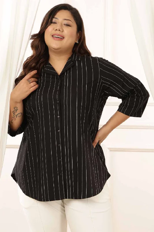 Fashion Deal Plus Size Black Stripe Cuban Collar Cotton Shirt