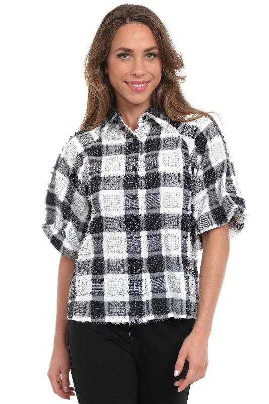 Sophisticated Style Black Plaid Top with Short Puff Sleeves and Fringe Details - Women's "Halo" | LIOR - Alisha.D