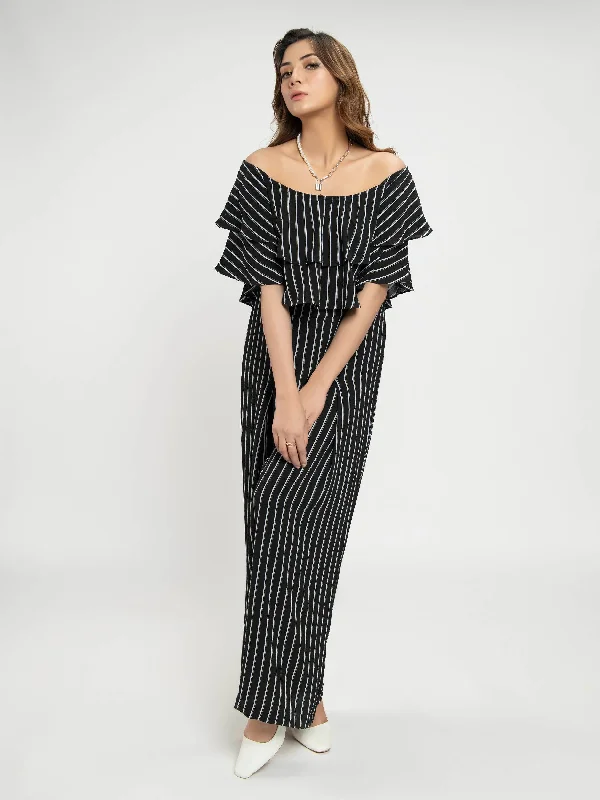 Vibrant Femme Fashion Striped & Ruffled Jumpsuit