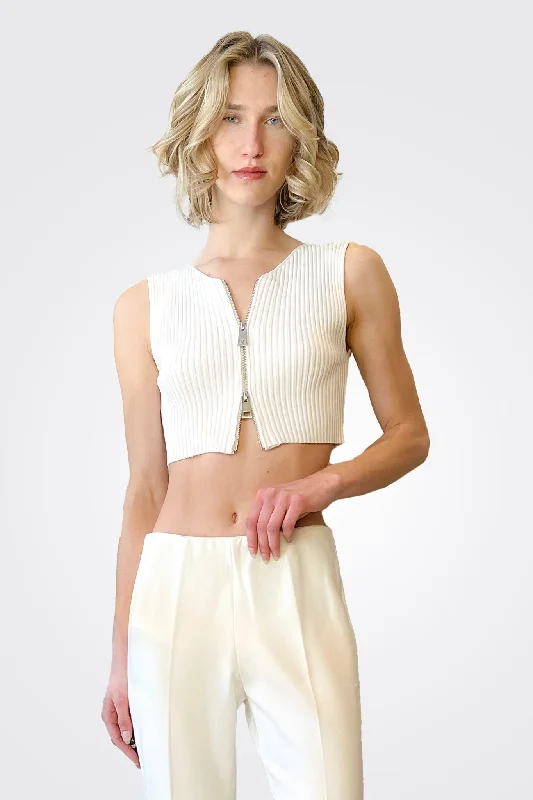 Comfort Centric Apparel Cropped Ribbed Zip Top - Cream
