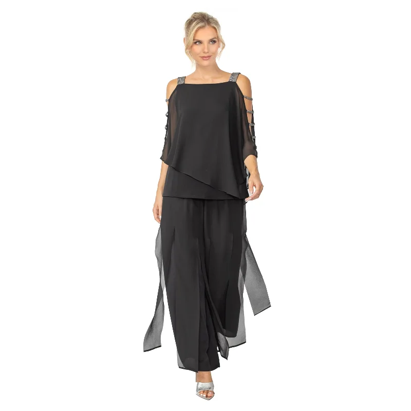 Trend Setting Wardrobe Elegant Rhinestone Trim Chiffon Top in Black - 7050T