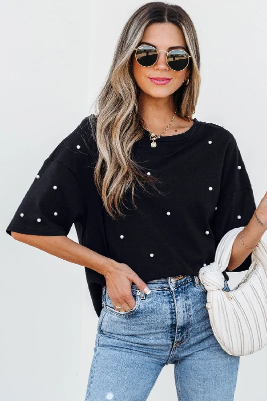 Holiday Glam Black Pearl Beaded Drop Shoulder Crewneck T Shirt