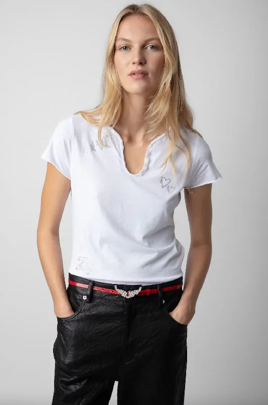 Stylish Basics Diamanté Henley Top - White