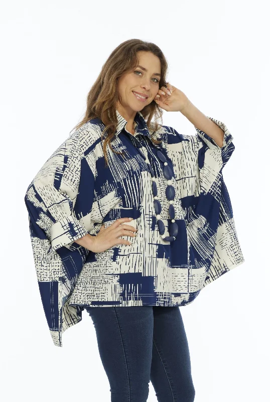 Vibrant Styles One size fits all Women's Collar Top Navy Abstract Print | LIOR