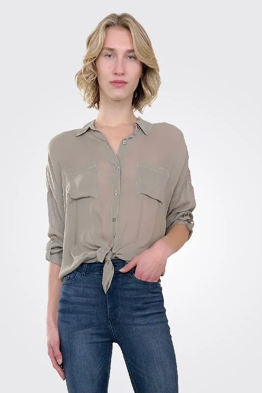 Casual Chic Clothing Cargo Pocket Tie Front Top - Sand