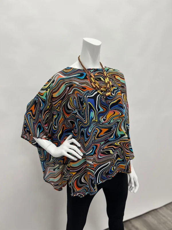 Fashion Forward Lior Jewel Neck Draped Sleeve Layered Cape Top Multi Swirl Watercolor
