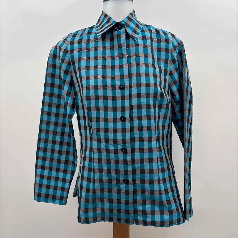 Best Sellers Nina McLemore Women's Size 2 Teal Checkered Button-Up
