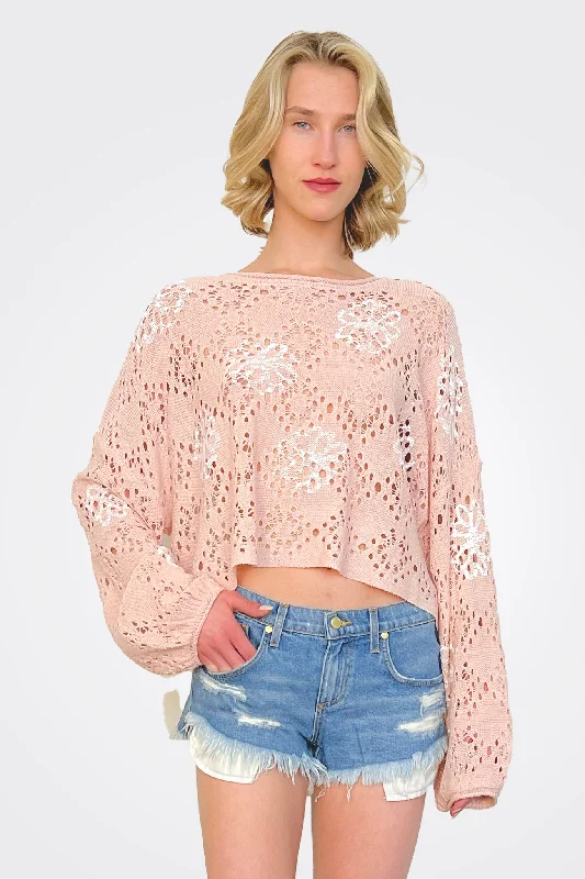 Everyday Fashion Bell Sleeve Eyelet Top - Pink Mojito