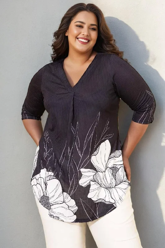 Big Savings Plus Size Black White Floral Print Centre Pleat Top
