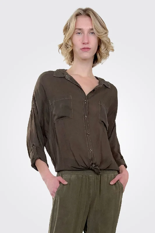 Everyday Fashion Cargo Pocket Tie Front Top - Moss