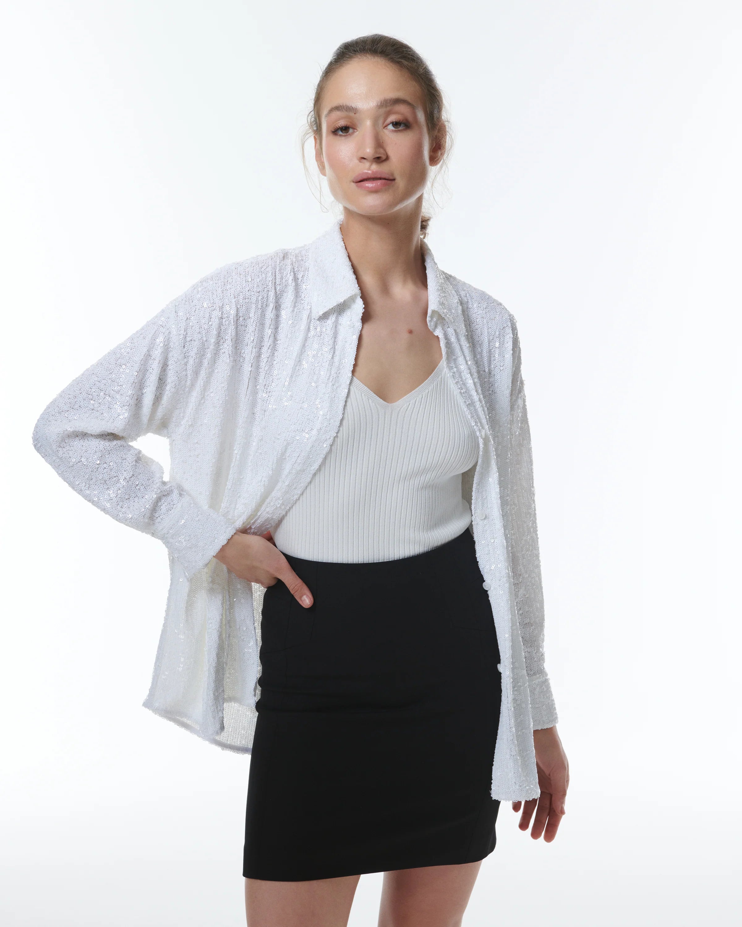 Trendy Fashion For Women Styx Sequin Boyshirt - White