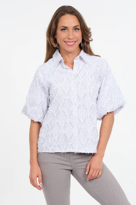 Quality Wear LIOR Women's Embroidered Balloon Sleeve Button Front Soft Grey - "Halo"