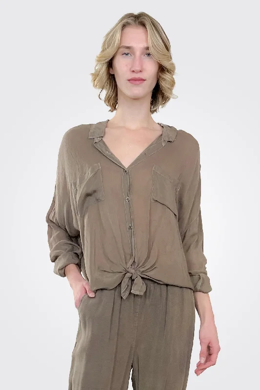 Evening Looks Cargo Pocket Tie Front Top - Mocha