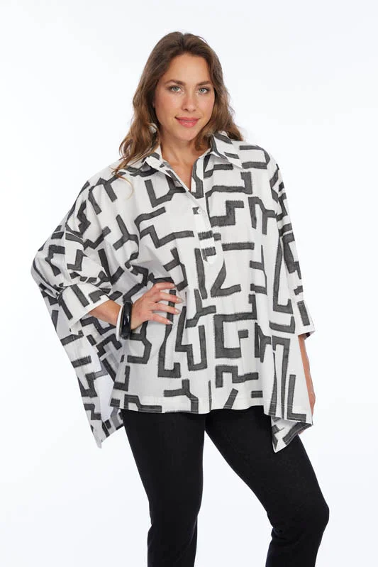 Chic Outfits White & Grey Abstract Print One Size Collar Top: Perfect For All Sizes | LIOR