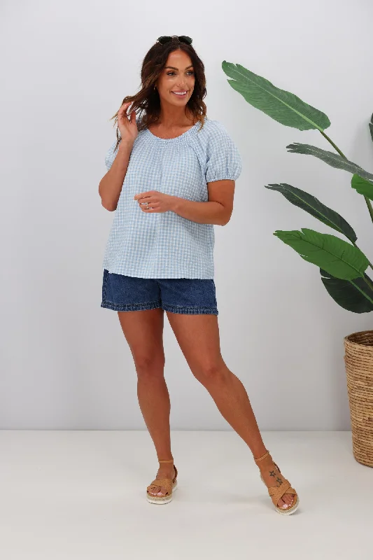 Relaxed Fashion Shine On Label Danca Shirred Neckband Top Blue Check