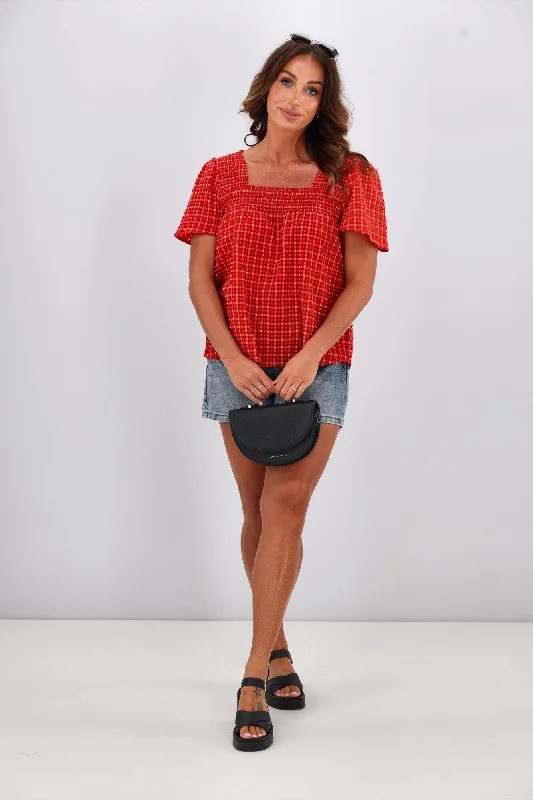 Wardrobe Refresh Shine On Label Emmeline Square Neck Shirred Top Red