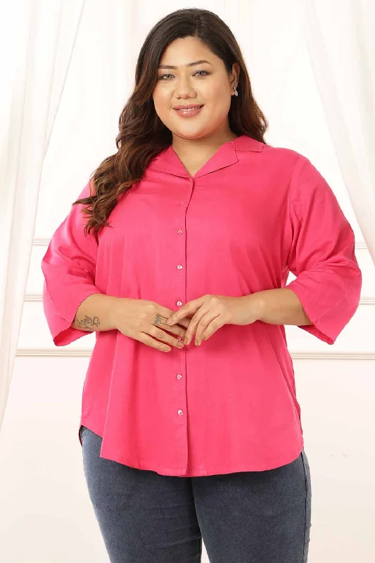 Premium Style Plus Size Pink Cuban Collar Rayon Twill Shirt