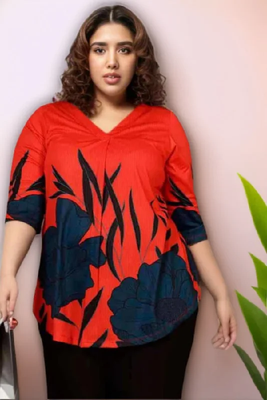 Latest Trends Red Teal Print Plus Size Top