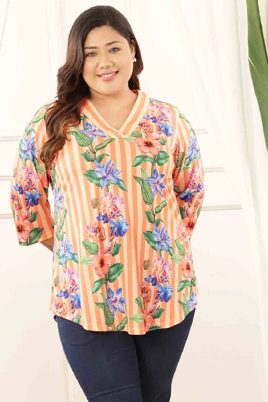 Wardrobe Essentials Plus Size Orange Floral Stripes Top
