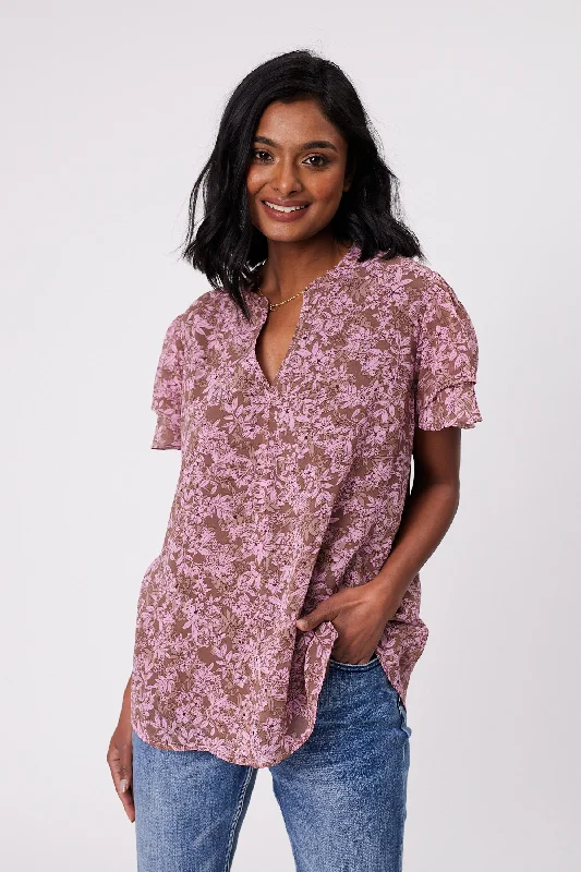 End Of Season Sale Gloss by Shine On Ruby Frill Sleeve Top Brown Pink Floral