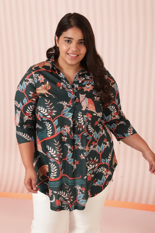 Business Casual Outfits Green Ethnic Printed Centre Pleat Top