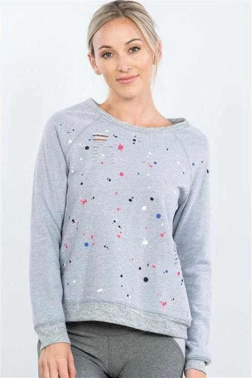 Grey Paint Splatter Distressed Front Pullover