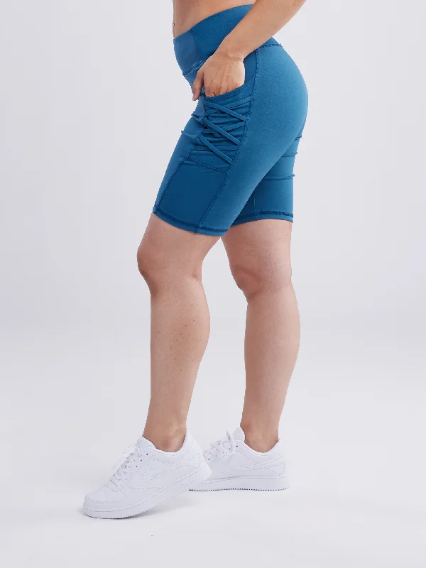 Yoga Apparel Designed For Movement At Lower Prices High-Waisted Mid-Thigh Workout Shorts with Pockets & Criss Cross Design Yoga Apparel Designed For Movement At Lower Prices High-Waisted Mid-Thigh Workout Shorts with Pockets & Criss Cross Design