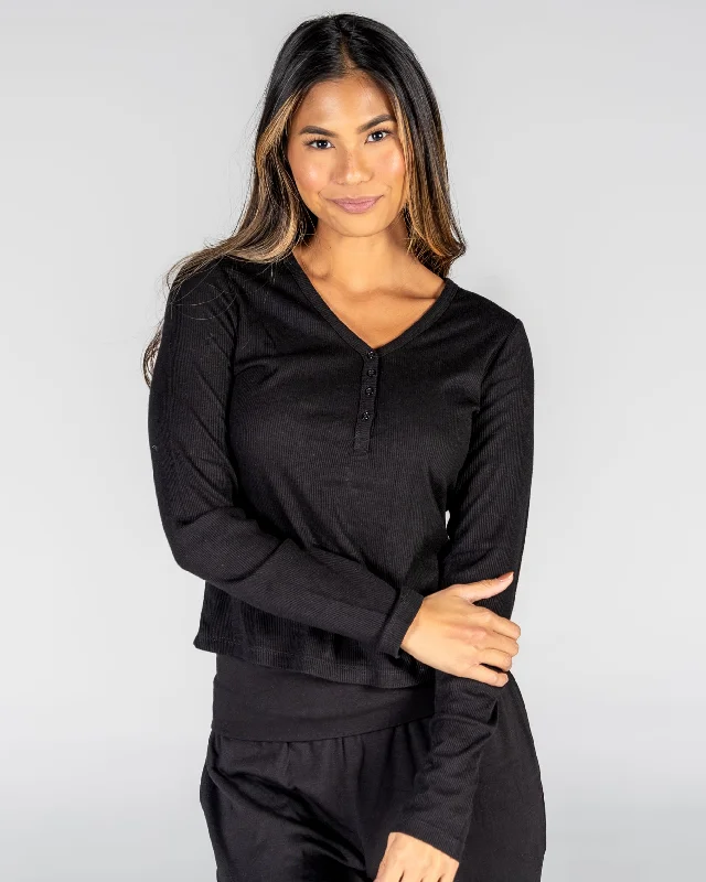 Unbeatable Deals On Breathable Yoga Apparel Serenity Long Sleeve Henley - Black - Final Sale Unbeatable Deals On Breathable Yoga Apparel Serenity Long Sleeve Henley - Black - Final Sale