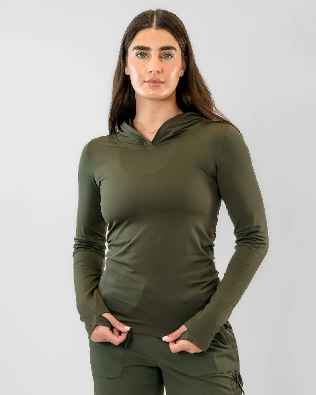 Breathe, Stretch, And Save On Yoga Apparel Tempo Open Back Hoodie - Dark Olive