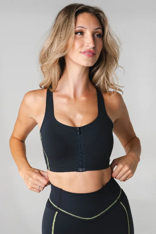 Flex Your Budget With Premium Yoga Clothing Deals Vitality Activate Zip Bra - Midnight Lime Contrast