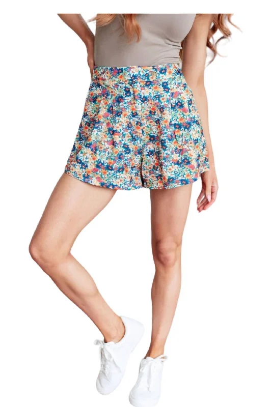 Flexibility Meets Affordability In Our Yoga Wear Sale Drop Of Golden Sun Floral Shorts In Blue