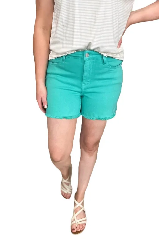 Comfortable, Stylish, And Now More Affordable Mid Rise Fray Hem Shorts In Aquamarine