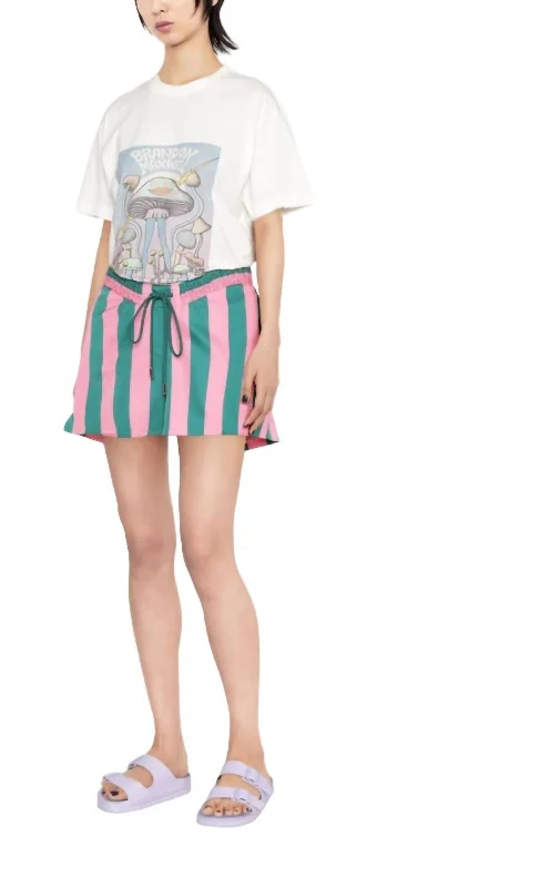 Breathe Easy In Comfortable Yoga Outfits Scoop Waist Board Short In Pink-Green Verdigris Stripe Breathe Easy In Comfortable Yoga Outfits Scoop Waist Board Short In Pink-Green Verdigris Stripe