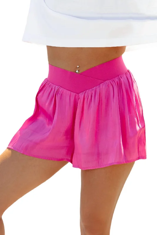 Stretch In Style With Budget-Friendly Yoga Wear Shiny Crossover Shorts In Magenta